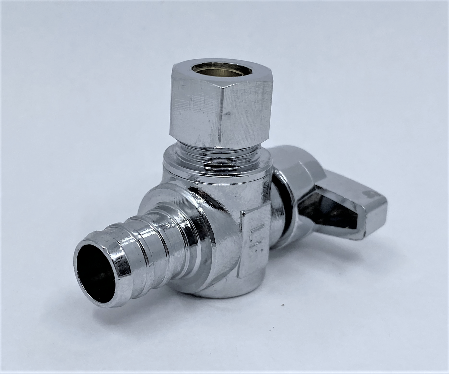 MINI BALL VALVE, ANGLED CHROMED 1/2" PEX x 3/8" OD COMP