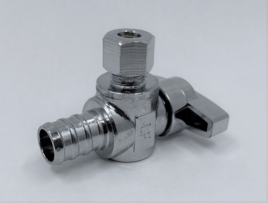 MINI BALL VALVE, ANGLED CHROMED 1/2" PEX x 1/4" OD COMP